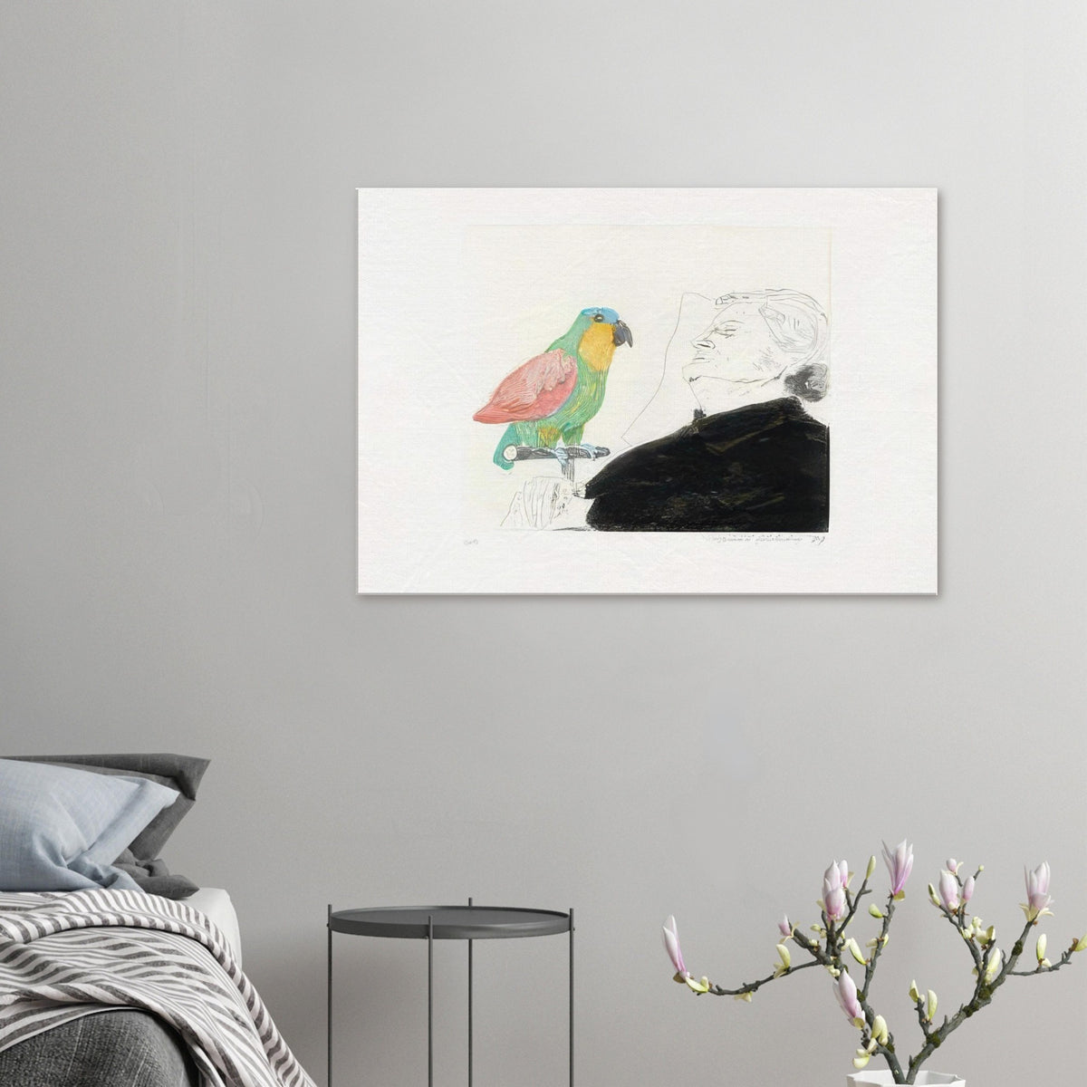 David Hockney canvas print of Felicite Sleeping, With Parrot, depicting a sleeping woman with a brightly coloured parrot perched on her hand.