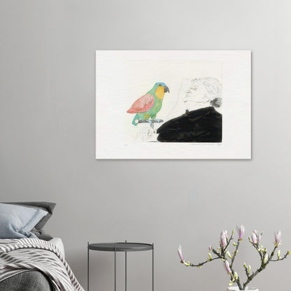 David Hockney canvas print of Felicite Sleeping, With Parrot, depicting a sleeping woman with a brightly coloured parrot perched on her hand.