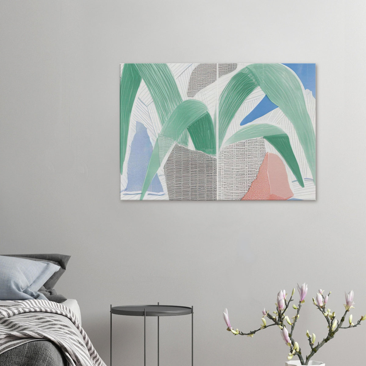 Green Grey Blue Plant July by David Hockney, canvas print showing a leafy potted plant with green foliage, blue and grey accents, and warm red tones.
