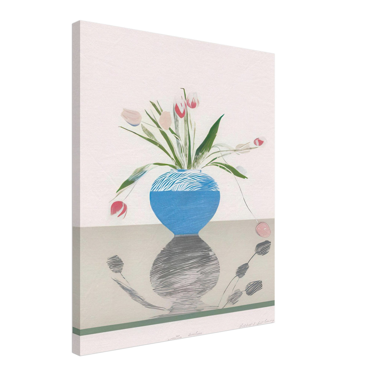 David Hockney, Pretty Tulips, pink and red tulips in a blue vase, canvas print, 60 × 75 cm (24 × 30 in)