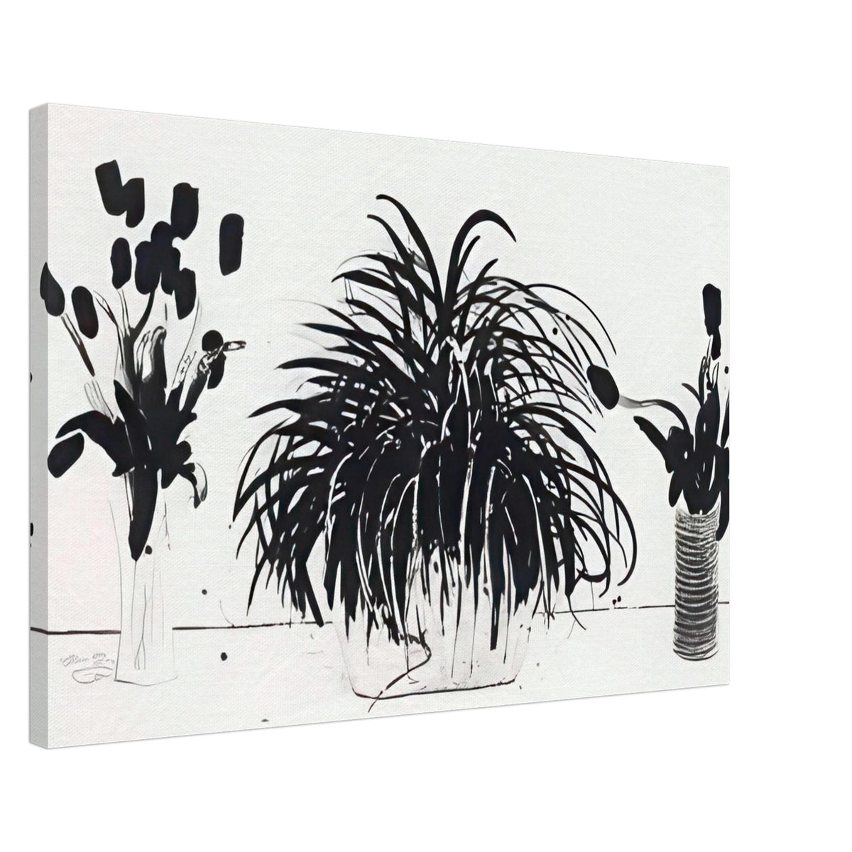 Two Vases Of Cut Flowers And A Liriope Plant by David Hockney, canvas print showing cut flowers in two vases beside a leafy liriope plant, 70 × 100 cm (28 × 40 in).