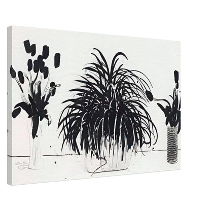 Two Vases Of Cut Flowers And A Liriope Plant by David Hockney, canvas print showing cut flowers in two vases beside a leafy liriope plant, 70 × 100 cm (28 × 40 in).