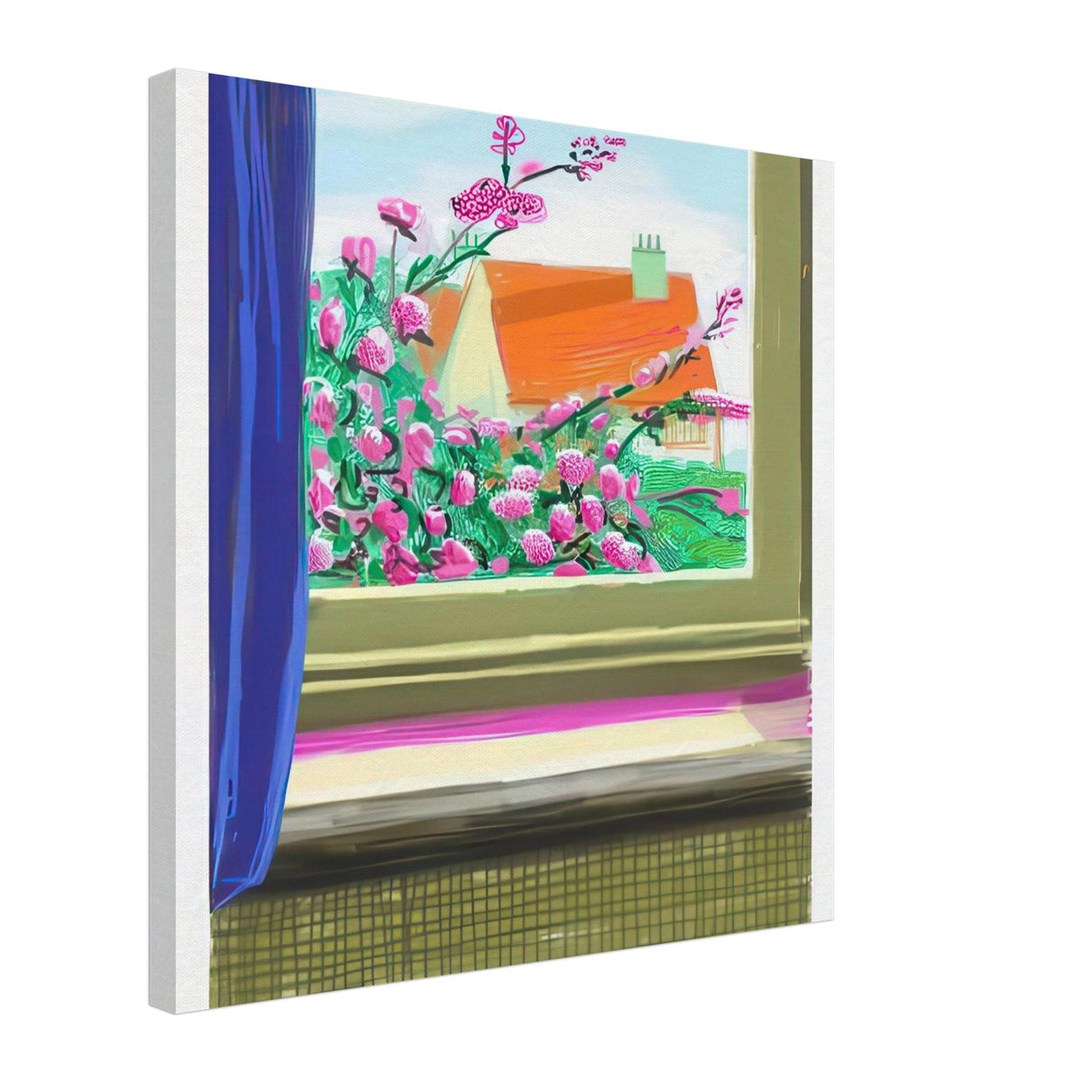 David Hockney, Untitled No. 778, flowers and a red-roofed house seen through a window, canvas print, 30 × 40 cm (12 × 16 in)
