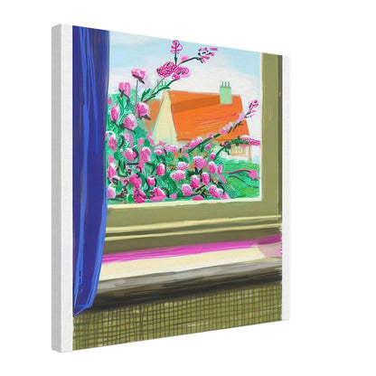 David Hockney, Untitled No. 778, flowers and a red-roofed house seen through a window, canvas print, 30 × 40 cm (12 × 16 in)