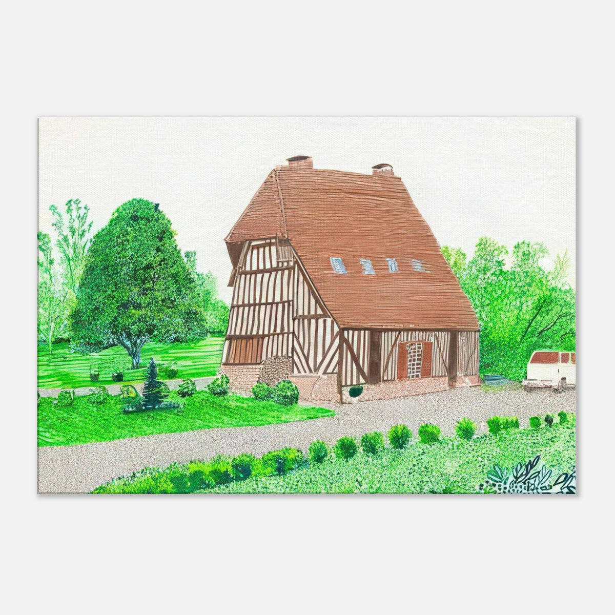 In Front Of House Looking West by David Hockney, canvas print showing Normandy country house, garden and lush greenery.