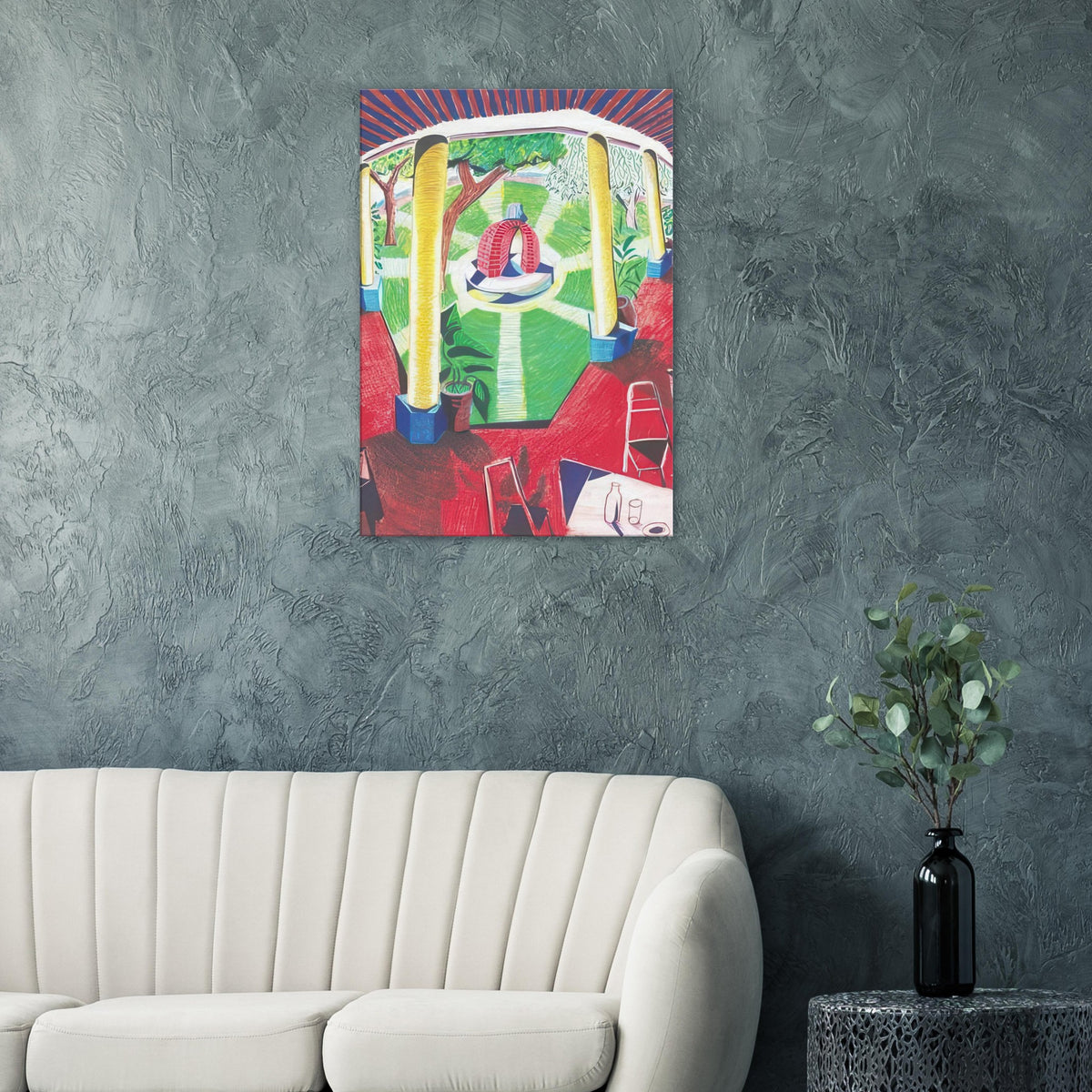David Hockney, Hotel Acatlán Courtyard, architectural courtyard with layered perspective, canvas print
