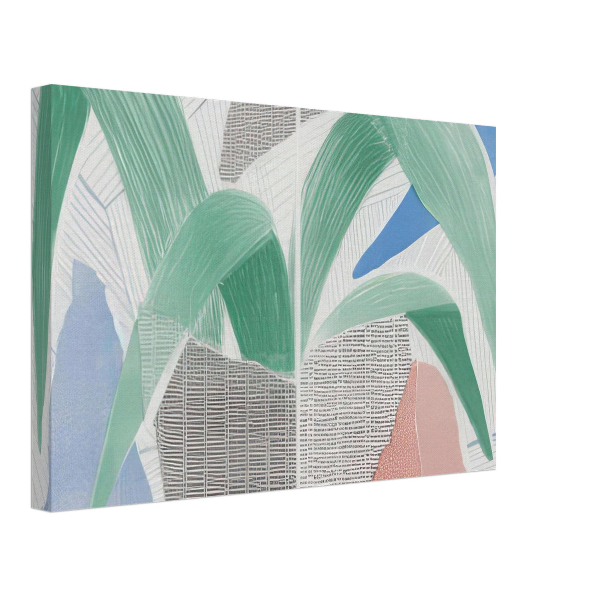 Green Grey Blue Plant July by David Hockney, canvas print showing a leafy potted plant with green foliage, blue and grey accents, and warm red tones, 70 × 100 cm (28 × 40 in).