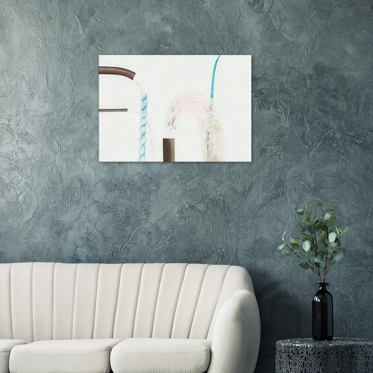 Water Pouring Into Swimming Pool, Santa Monica by David Hockney, canvas print showing water flowing from curved outlets, drawn with expressive blue lines.