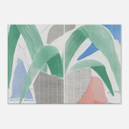 Green Grey Blue Plant July by David Hockney, canvas print showing a leafy potted plant with green foliage, blue and grey accents, and warm red tones.