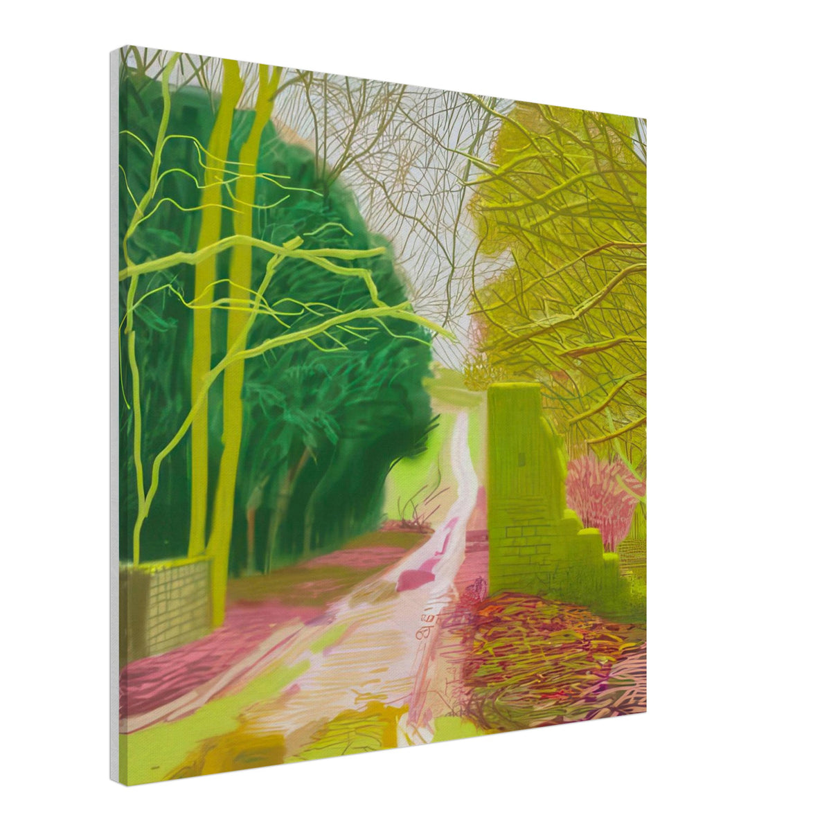 The Arrival of Spring in Woldgate, 15 March — David Hockney canvas print of a woodland path, 60 × 60 cm (24 × 24 in).