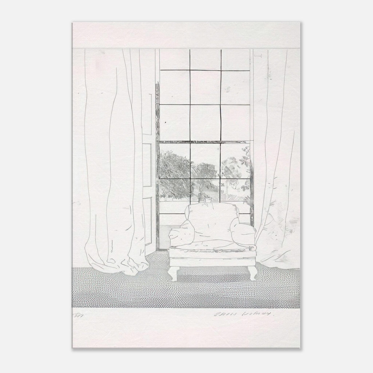 David Hockney, Home, armchair beside a curtained window overlooking a garden, canvas print