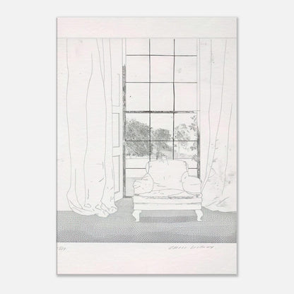 David Hockney, Home, armchair beside a curtained window overlooking a garden, canvas print