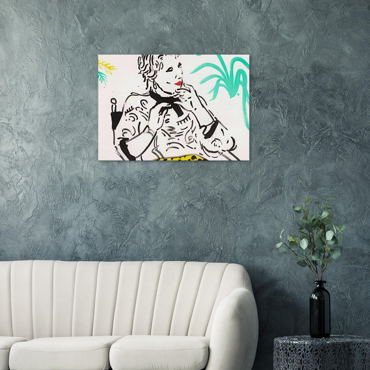 Celia With Green Plant by David Hockney, canvas print showing Celia seated beside a green plant, with patterned clothing and bold linework.