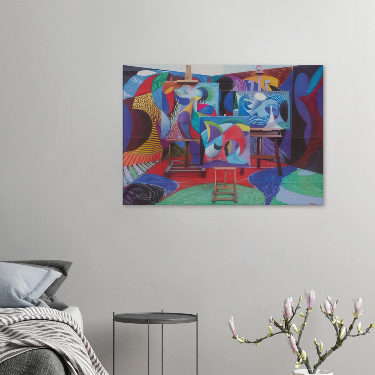 David Hockney canvas print of Painted Environment II, depicting three canvases on easels within a patterned interior.