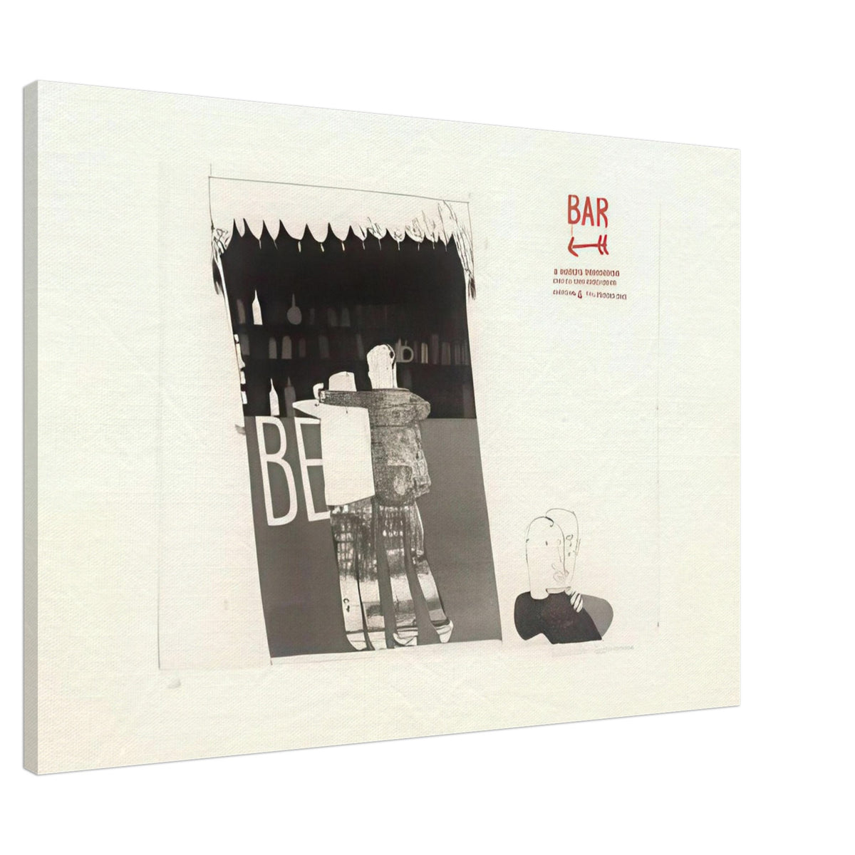 The Drinking Scene by David Hockney, canvas print showing figures gathered around a bar with rows of bottles behind them, 30 × 45 cm (12 × 18 in).