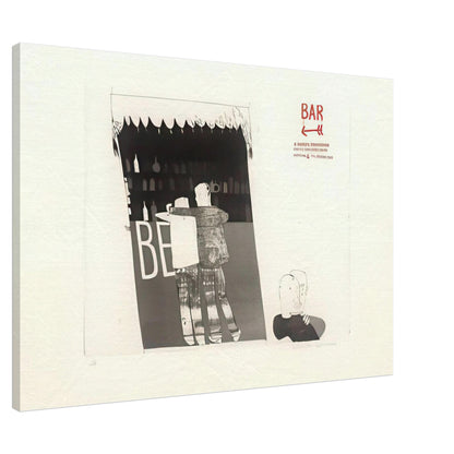 The Drinking Scene by David Hockney, canvas print showing figures gathered around a bar with rows of bottles behind them, 30 × 45 cm (12 × 18 in).
