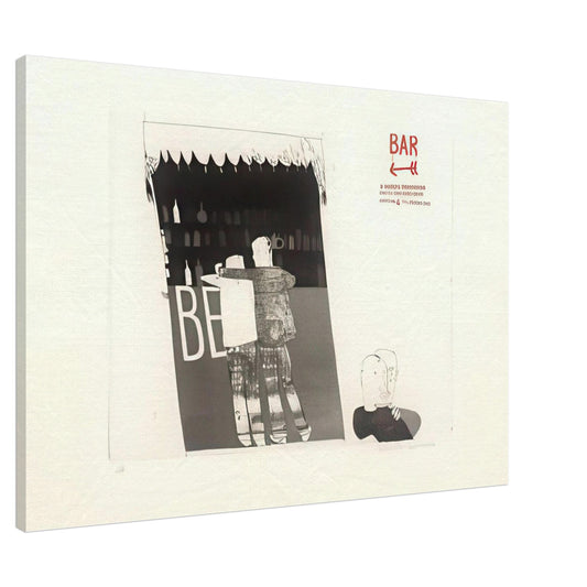The Drinking Scene by David Hockney, canvas print showing figures gathered around a bar with rows of bottles behind them, 30 × 45 cm (12 × 18 in).