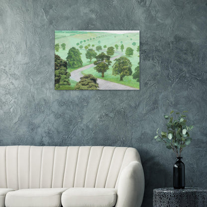 David Hockney canvas print of Green Valley, showing open fields, flowering trees and a winding road in soft, misty colours.