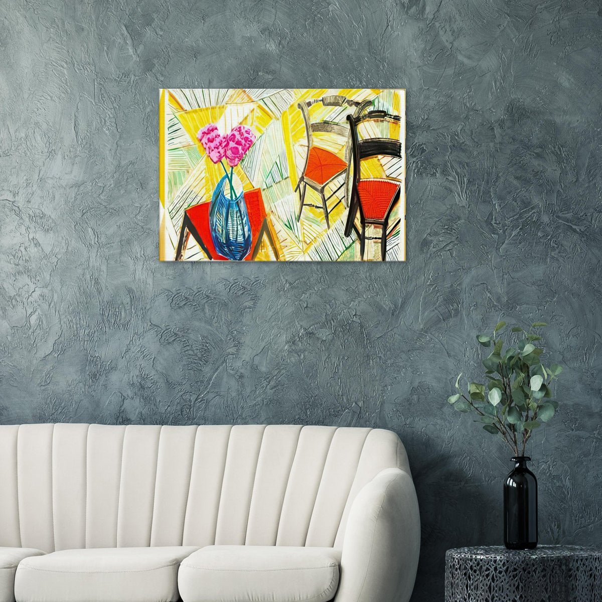 Walking Past Two Chairs by David Hockney, canvas print showing two wooden chairs at contrasting angles with bold red seats.