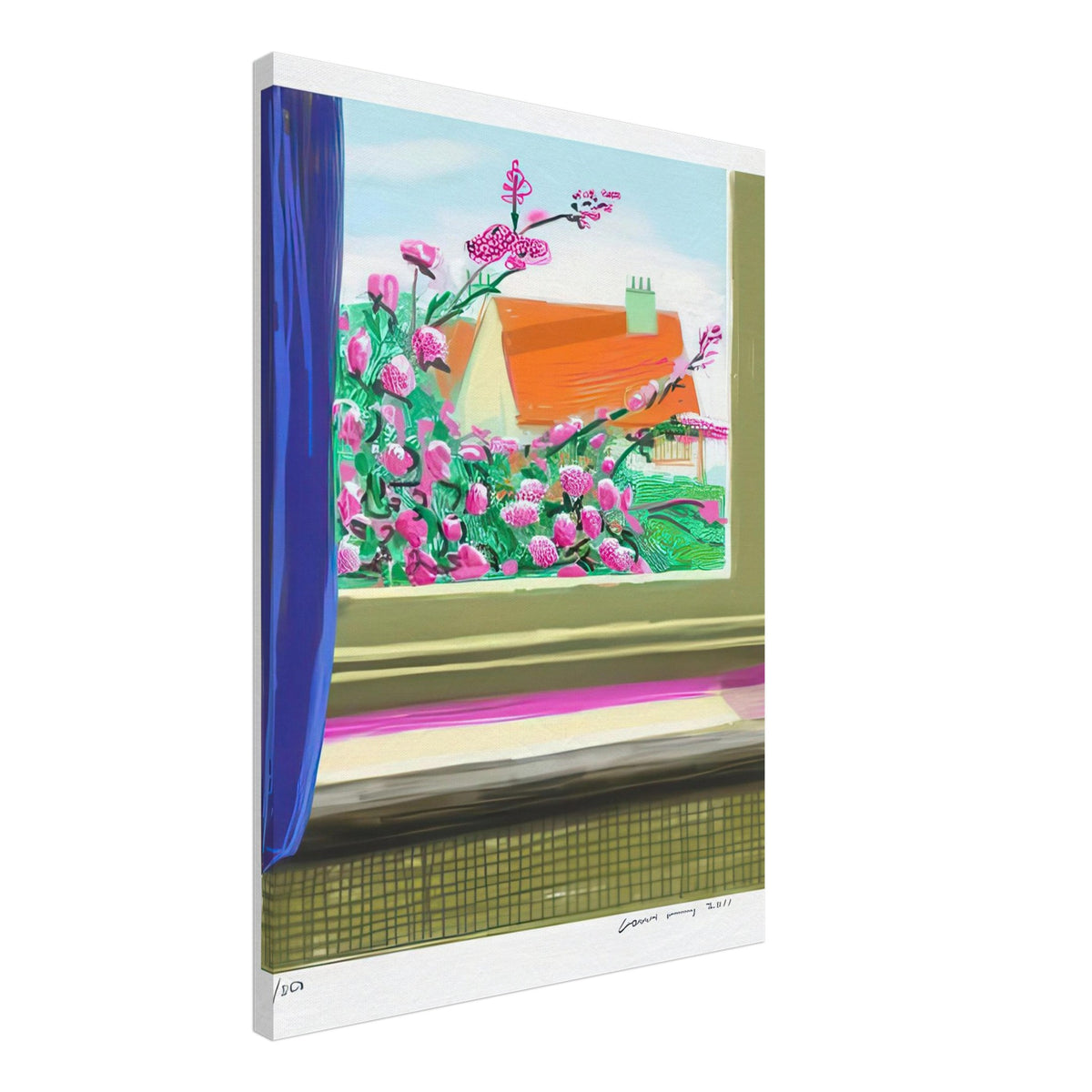 David Hockney, Untitled No. 778, flowers and a red-roofed house seen through a window, canvas print, 40 × 50 cm (16 × 20 in)