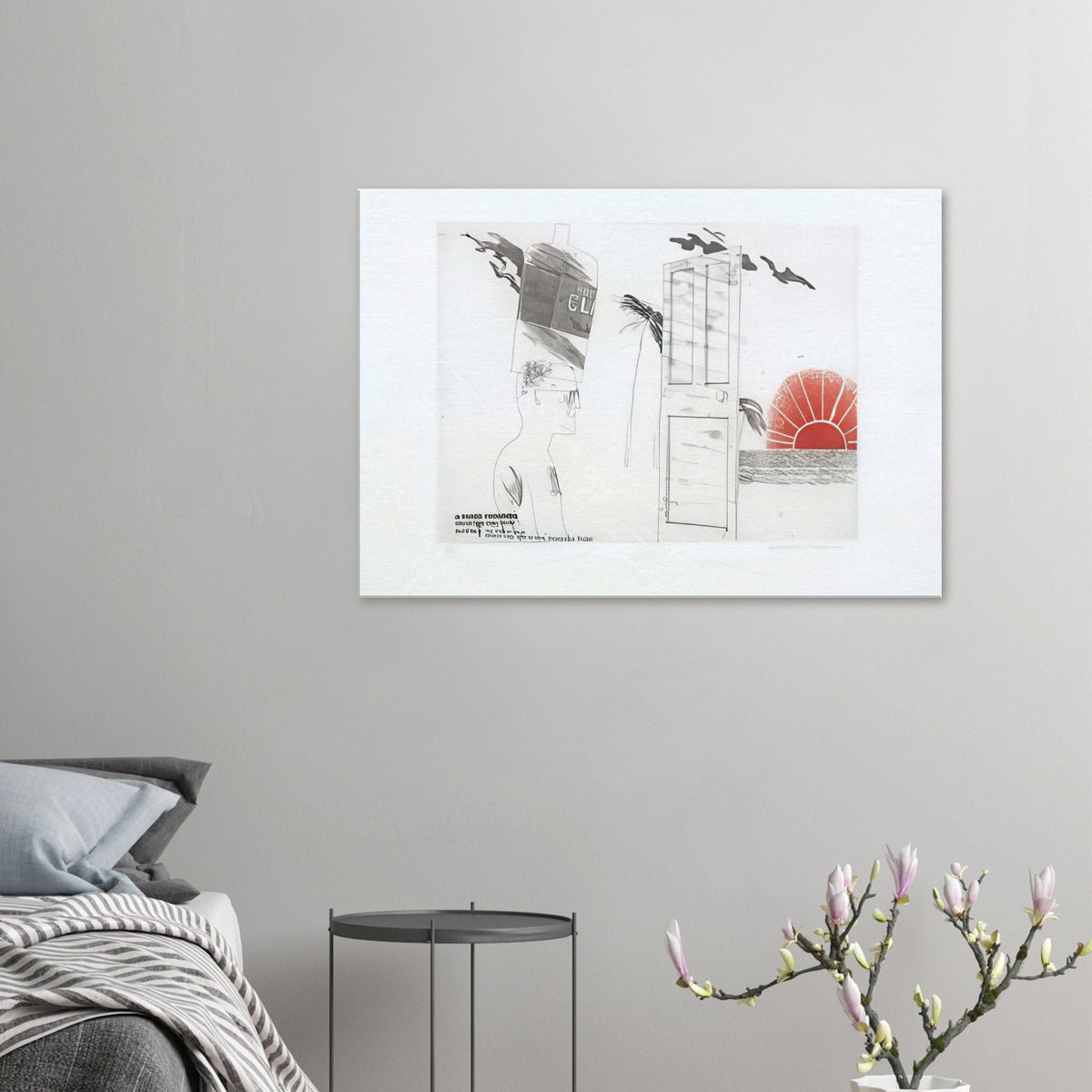 The Start Of A Spending Spree And The Door Opening For A Blonde by David Hockney, canvas print showing open doorway, symbolic objects and a red sun motif.