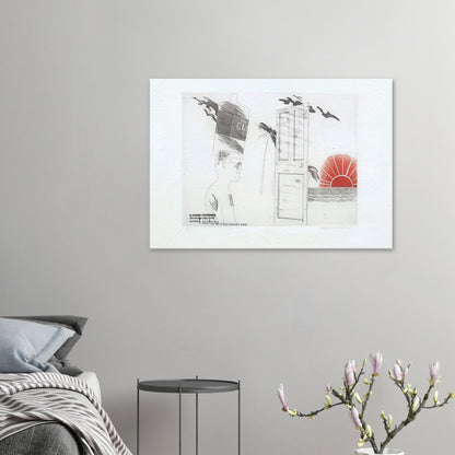 The Start Of A Spending Spree And The Door Opening For A Blonde by David Hockney, canvas print showing open doorway, symbolic objects and a red sun motif.