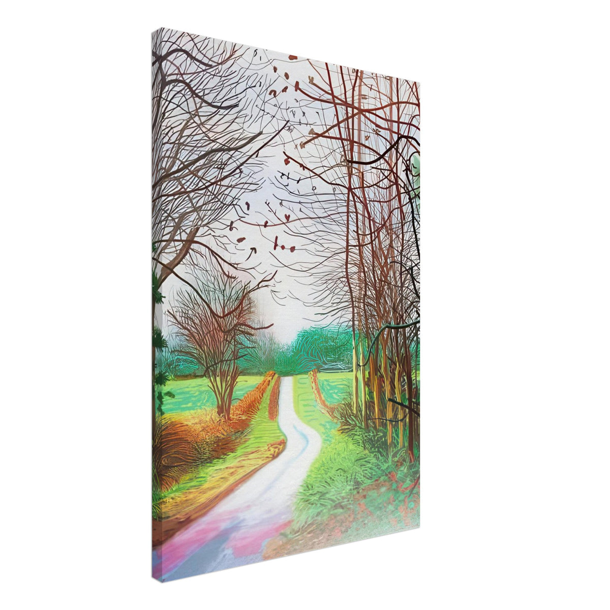 The Arrival of Spring in Woldgate, 29 December No. 1 — David Hockney canvas print of a woodland path, 70 × 100 cm (28 × 40 in).