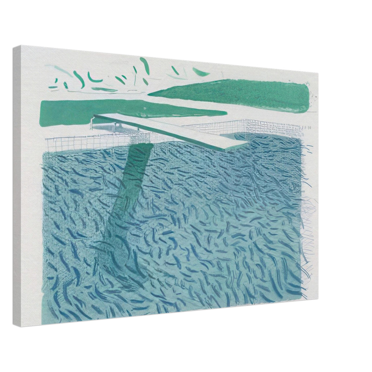 David Hockney canvas print of Lithographic Water Made Of Lines, Crayon And A Blue Wash, using crayon lines and blue washes to suggest ripples and reflections on water, size 60 × 90 cm (24 × 36 in).