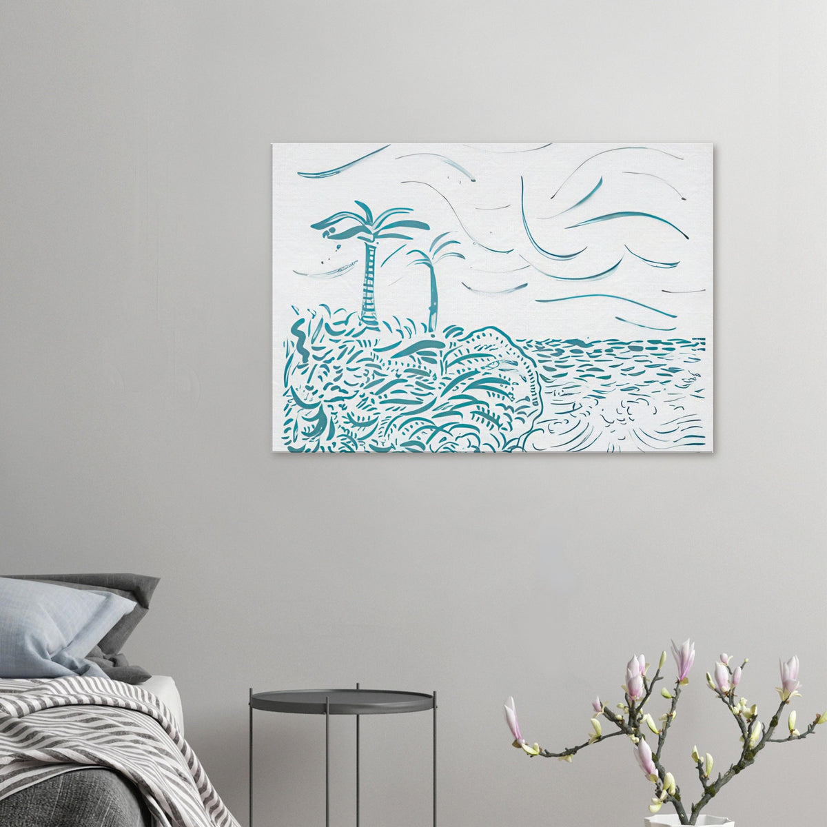 David Hockney canvas print of In Front Of House Looking West, composed of flowing turquoise lines suggesting water and shoreline.