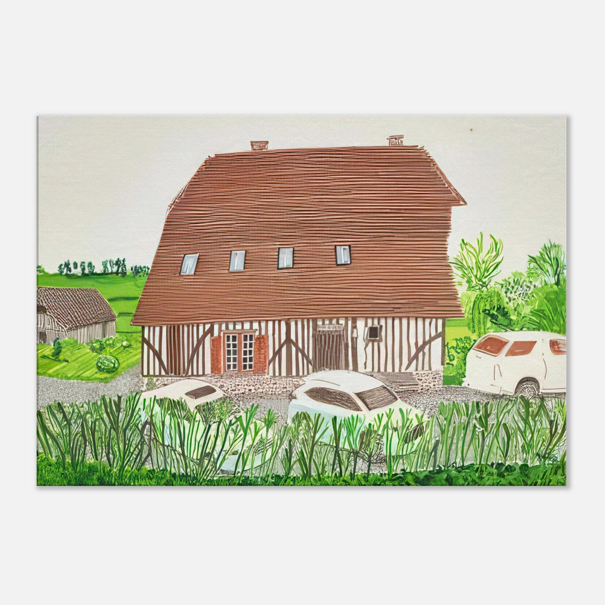 In Front Of House Looking South by David Hockney, canvas print showing Normandy country house, garden and lush greenery.