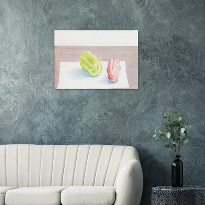 Two Peppers by David Hockney, canvas print showing red and green bell peppers against a textured background with blue shadows.