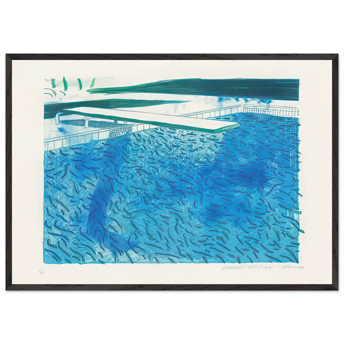 Lithograph Of Water Made Of Thick And Thin Lines, A Green Wash, A Light Blue Wash, And A Dark Blue Wash by David Hockney 70x100 cm / 28x40″ inches Framed Art Print – Black Wooden Frame