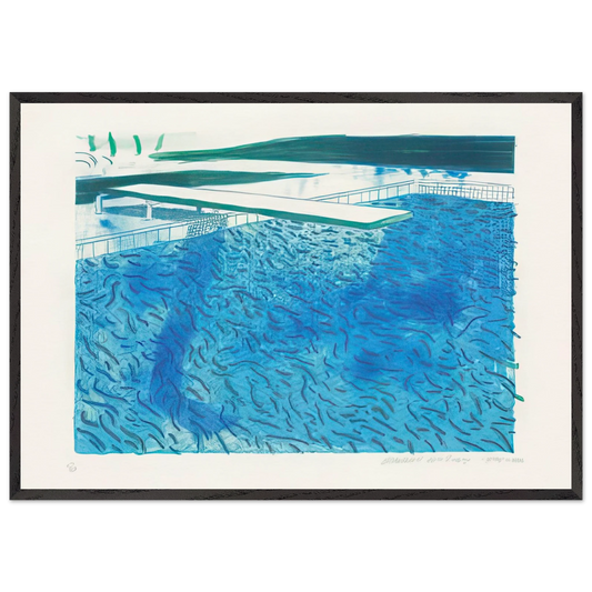 Lithograph Of Water Made Of Thick And Thin Lines, A Green Wash, A Light Blue Wash, And A Dark Blue Wash by David Hockney 70x100 cm / 28x40″ inches Framed Art Print – Black Wooden Frame