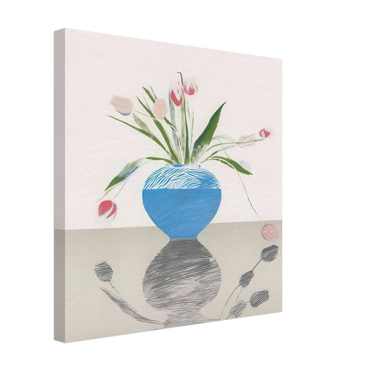 David Hockney, Pretty Tulips, pink and red tulips in a blue vase, canvas print, 40 × 40 cm (16 × 16 in)