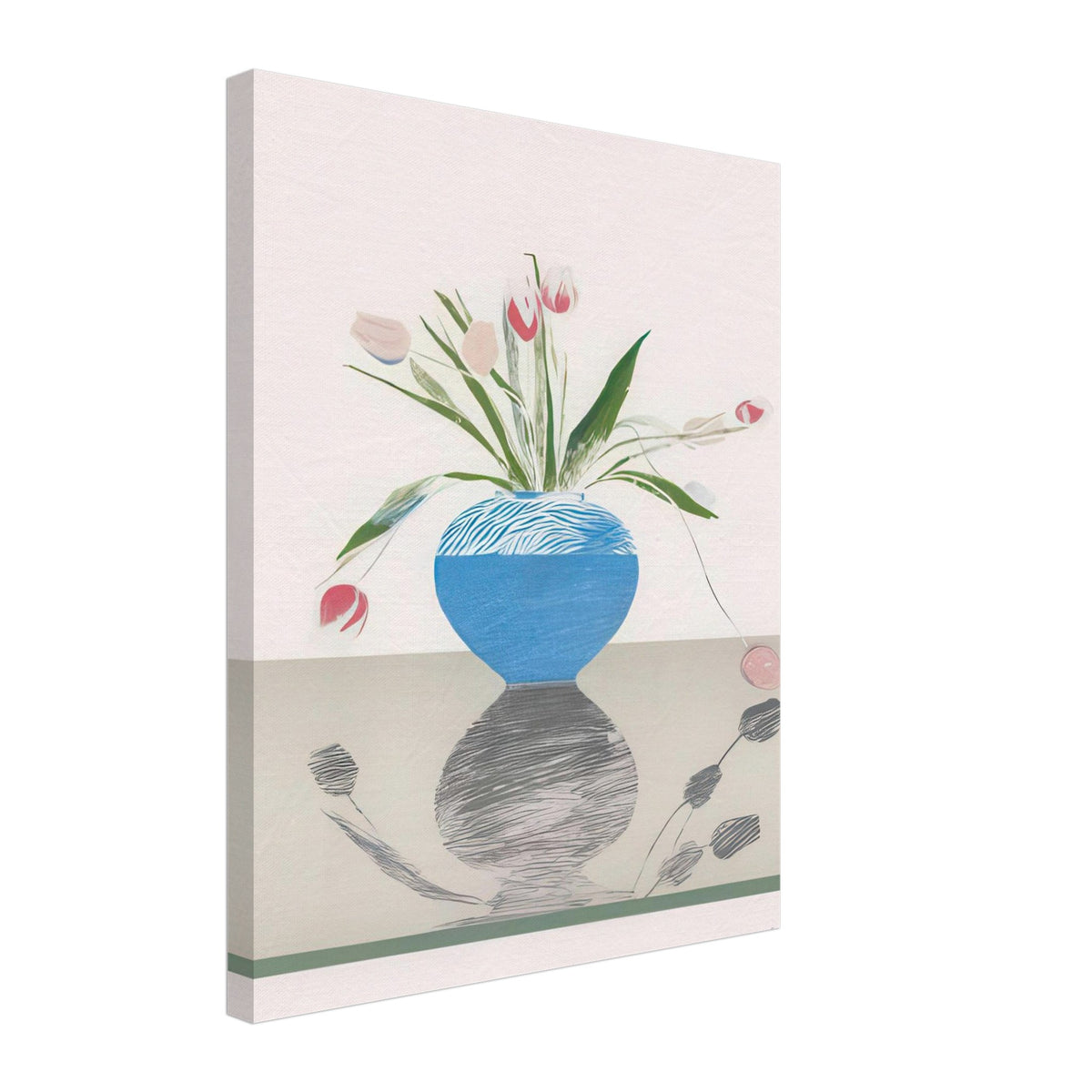 David Hockney, Pretty Tulips, pink and red tulips in a blue vase, canvas print, 50 × 60 cm (20 × 24 in)