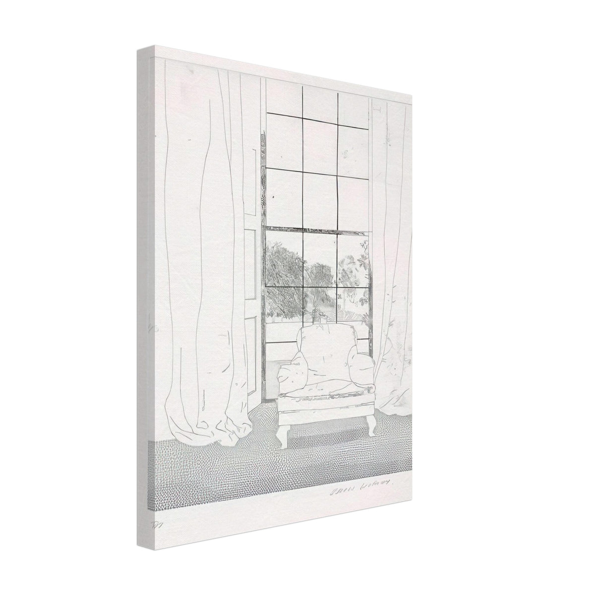 David Hockney, Home, armchair beside a curtained window overlooking a garden, canvas print, 30 × 40 cm (12 × 16 in)