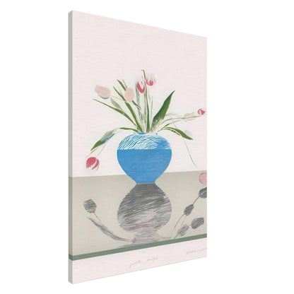 David Hockney, Pretty Tulips, pink and red tulips in a blue vase, canvas print, 20 × 25 cm (8 × 10 in)