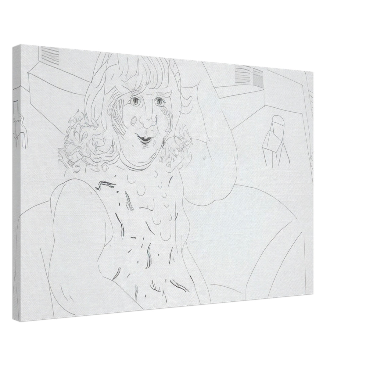 David Hockney canvas print of Ann In The Studio, showing an artist's workspace, an unfinished canvas and a garden view through a door, size 60 × 90 cm (24 × 36 in).