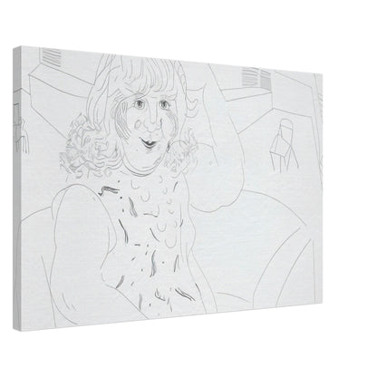 David Hockney canvas print of Ann In The Studio, showing an artist's workspace, an unfinished canvas and a garden view through a door, size 60 × 90 cm (24 × 36 in).