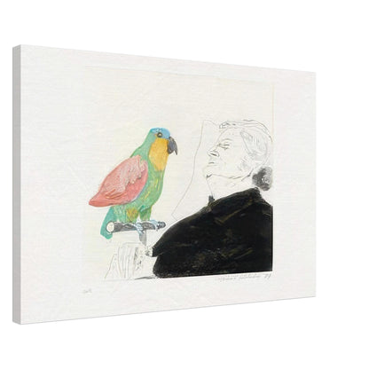 David Hockney canvas print of Felicite Sleeping, With Parrot, depicting a sleeping woman with a brightly coloured parrot perched on her hand, size 50 × 75 cm (20 × 30 in).