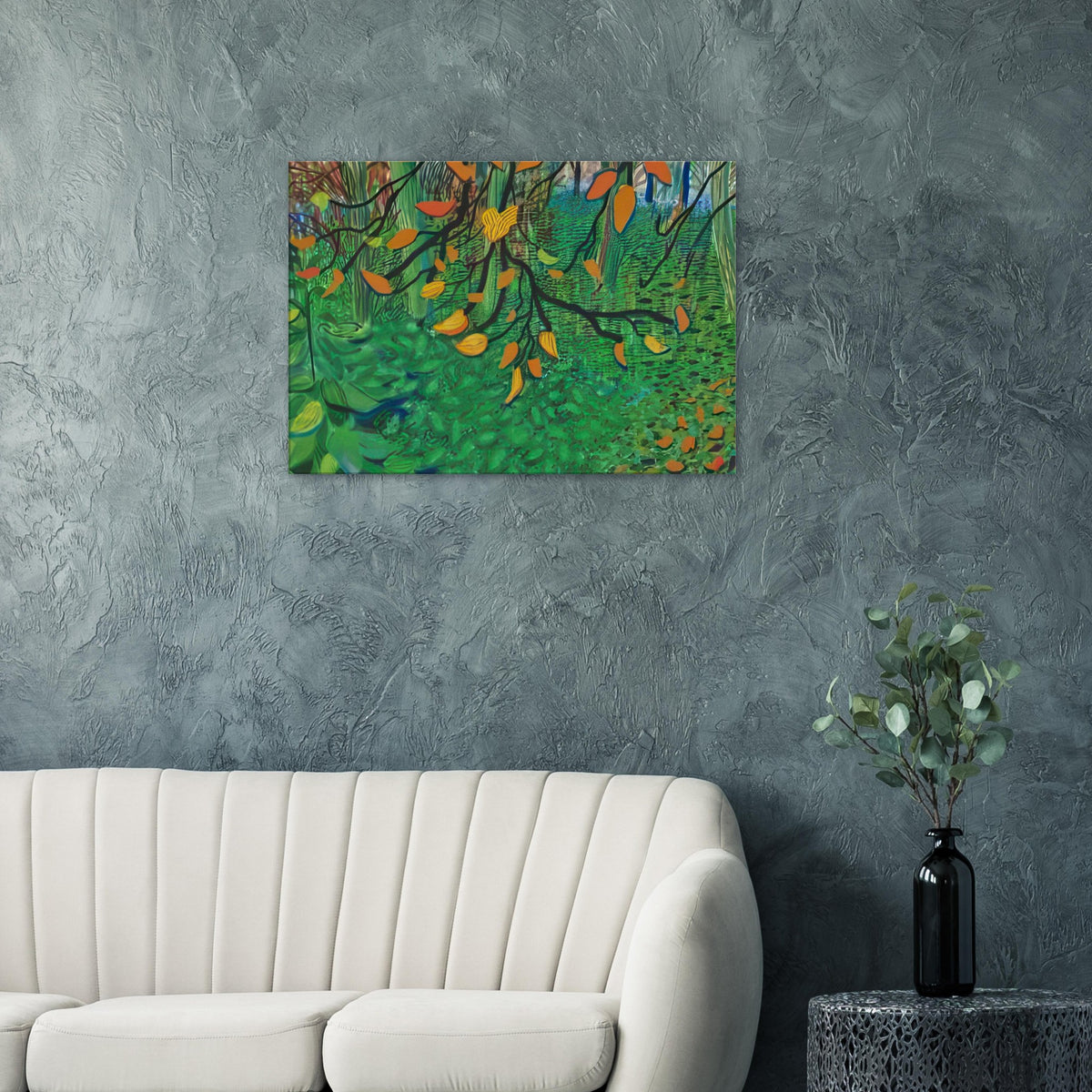 Autumn Leaves by David Hockney, canvas print showing orange and yellow autumn leaves against textured green foliage.