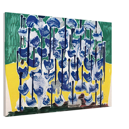 Slow Forest by David Hockney, canvas print showing abstract blue, white, green and yellow shapes with layered textures, 30 × 45 cm (12 × 18 in).