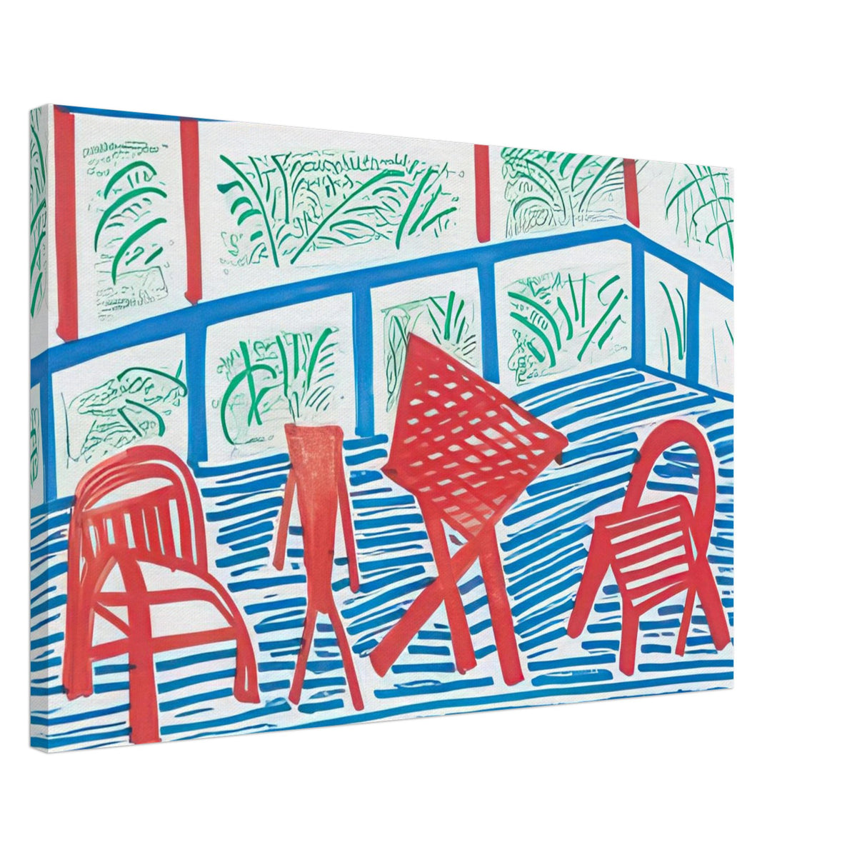 Two Red Chairs And Table by David Hockney, canvas print showing two red chairs and a table against blue-striped flooring and green foliage, 60 × 90 cm (24 × 36 in).