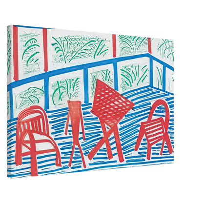 Two Red Chairs And Table by David Hockney, canvas print showing two red chairs and a table against blue-striped flooring and green foliage, 60 × 90 cm (24 × 36 in).