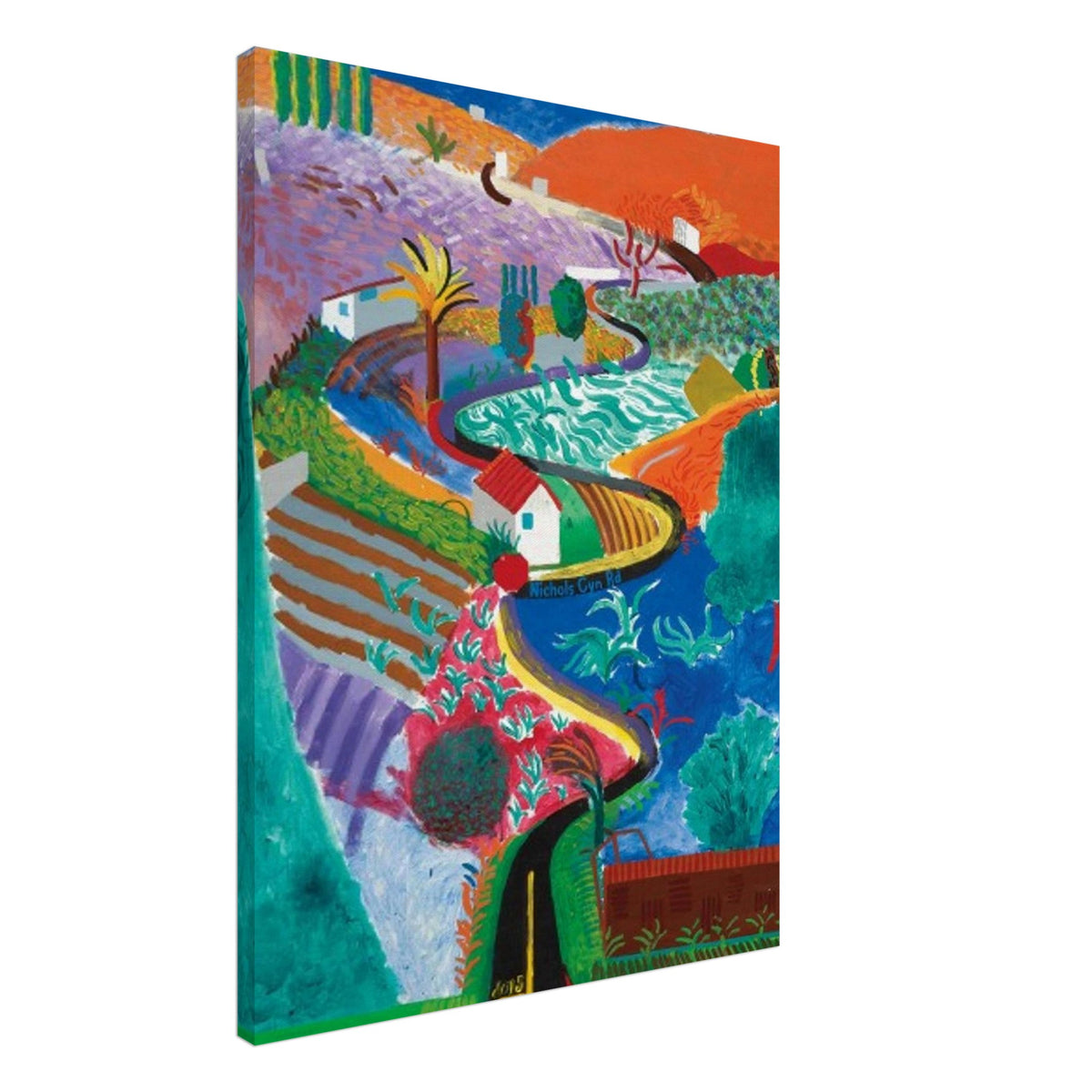 David Hockney, Nichols Canyon, colourful California landscape with a winding road, canvas print, 50 × 75 cm (20 × 30 in)