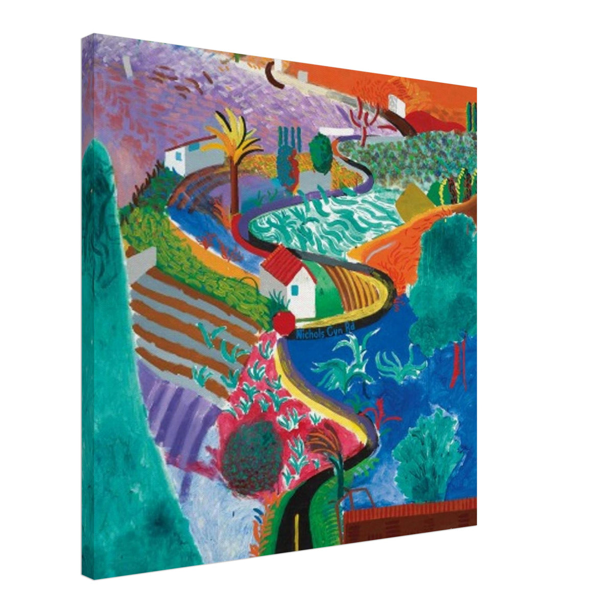 David Hockney, Nichols Canyon, colourful California landscape with a winding road, canvas print, 60 × 80 cm (24 × 32 in)