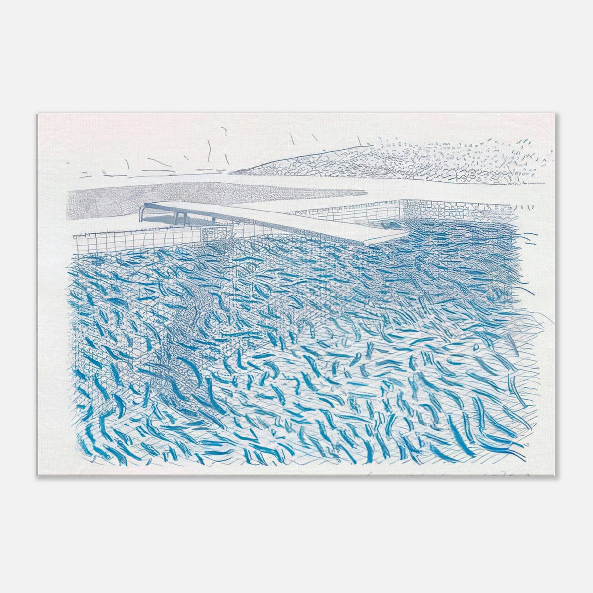 David Hockney canvas print of Lithographic Water Made Of Lines And Crayon, using layered green and blue washes to depict rippling pool water.