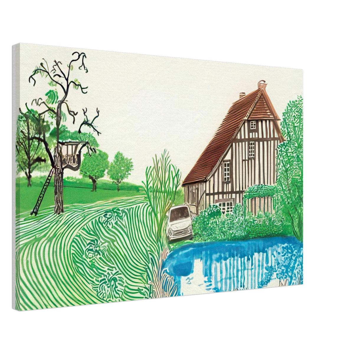 In Front Of House Looking East by David Hockney, canvas print showing Normandy country house, garden and lush greenery, 50 × 75 cm (20 × 30 in).