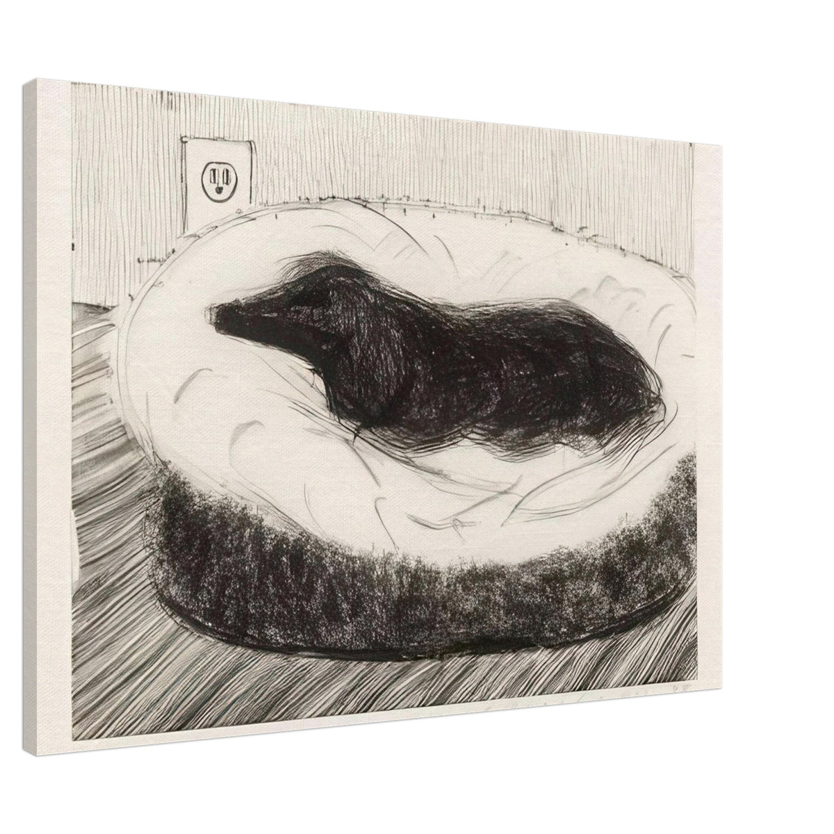 Dog Etching No. 5 by David Hockney, canvas print showing dark-coated dog resting on a cushioned seat in etched black-and-white lines, 30 × 45 cm (12 × 18 in).