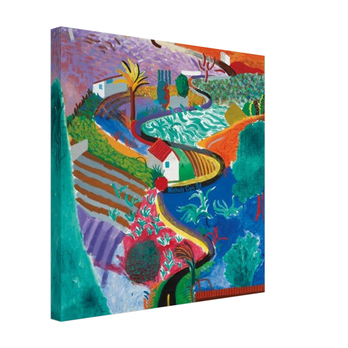David Hockney, Nichols Canyon, colourful California landscape with a winding road, canvas print, 27 × 35 cm (11 × 14 in)